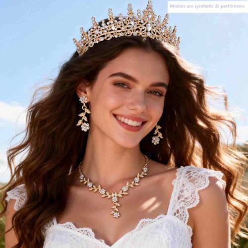 Kamirola Tiaras and Crowns for Women,Tiaras Earrings Necklace, Crystal Bridal Jewelry Set (TR48) - color: Gold White