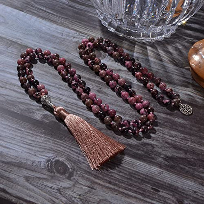108 Mala Prayer Beads Necklace Natural Stones Meditation Yoga Jewery 108 Hand Knotted Japa Mala Beaded Long Tassel Necklace with Tree of Life Pendant for Men and Women - color: 8mm Rhodolite