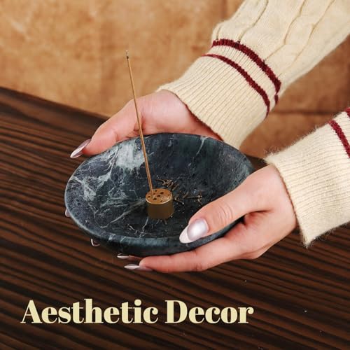 Koville Natural Marble Incense Holder, Incense Holder for Sticks with 9 Holes, Handmade Incense Burner Ash Catcher for Meditation Yoga SPA, Balsam Fir/Palo Santo/Sage/Cone (Green) - color: D=150-alpi Green