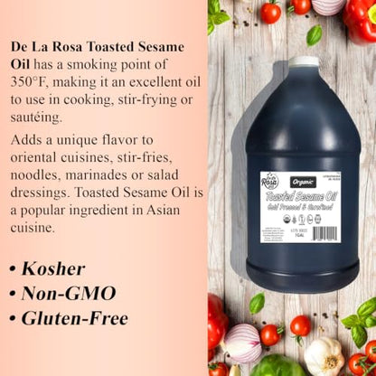 De La Rosa Organic Toasted Sesame Oil, Cold Pressed & Unrefined (1 Gallon) - size: 128 Fl Oz (Pack of 1)