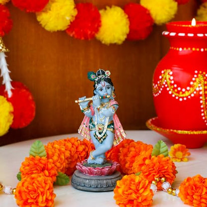 alikiki Hindu Krishna Idol Statue - 5.7”H Indian God Lord Krishna on Lotus Playing Flute India Murti Item Home Office Temple Mandir Shrine Altar Pooja Decor Diwali Puja Gifts for Indian Friends
