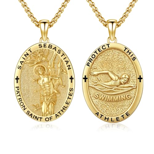Silver/14K Gold Patron Saint Medal Amulet Necklace for Men Women - color: Gold, style: 26A-St Sebastian Swimming