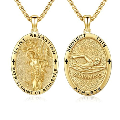 Silver/14K Gold Patron Saint Medal Amulet Necklace for Men Women - color: Gold, style: 26A-St Sebastian Swimming