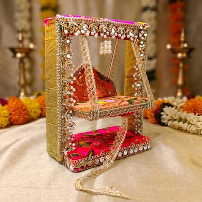 SATVIK 1Pc - Janmashtami Krishna Jhula Decorative Wooden Swing for Laddu Gopal | Fabric & Lace Handcrafted Design | Pooja Mandir Festive Decor