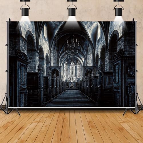 15x8ft Scary Church Halloween Backdrop Dark Black Horror Gothic Medieval Castle Interior Photography Background Halloween Night Carnival Theme Party Decor Banner Photo Studio Props - size: 15x8ft