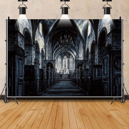 15x8ft Scary Church Halloween Backdrop Dark Black Horror Gothic Medieval Castle Interior Photography Background Halloween Night Carnival Theme Party Decor Banner Photo Studio Props - size: 15x8ft