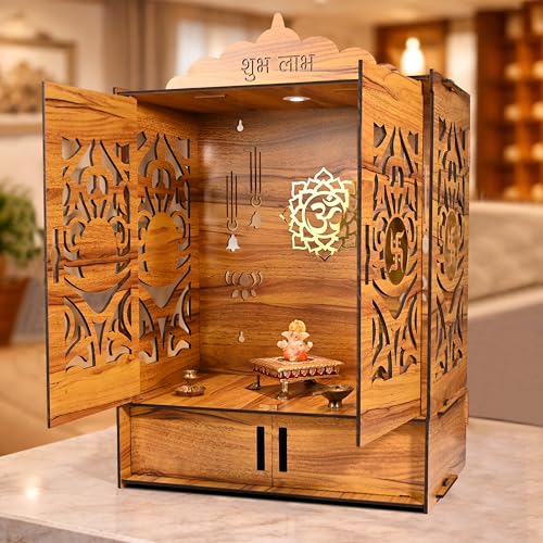 Wooden Temple Mandir for Home with Door | Beautiful Pooja Unit with Storage Space | with LED Light and Wall Mounts | Elegant Pooja Mandir for Home Big Size (Ex Large - 27 * 19 * 11 Inch)