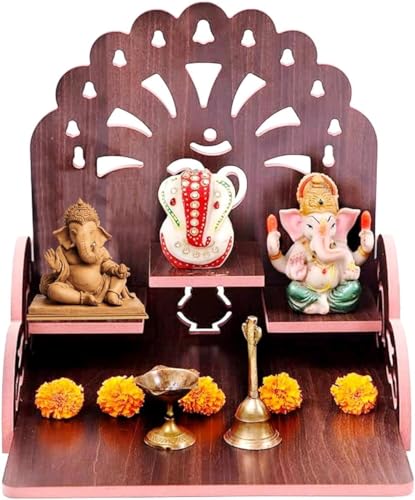 Small Wooden Temple for Home & Office, Light Weight Puja Mandir, Perfect for Smaller Spaces, Size- 28x28x26 CM.