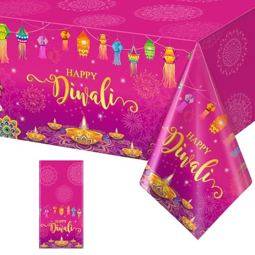 1 Pack Happy Diwali Disposable Tablecloth, Festival of Lights Plastic Table Cover for Rectangle Tables, Diwali Table Cloth for Indian Diwali Light Celebration Party Supplies Decorations, 54×108 Inch - size: 108" x 54" (Rectangular)