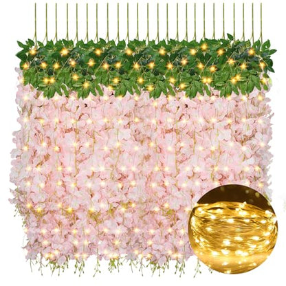Wisteria Hanging Flowers with Lights, 24 Pcs Artificial Wisteria Garland - color: Light Pink With Lights, size: 24 Pack