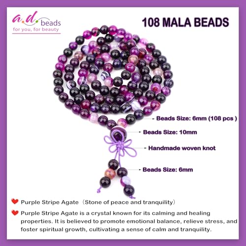 AD Beads 6mm 8mm 108 Prayer Mala Jasper Elastic Bracelet - Handmade Yoga Meditation Healing Power Energy Gifts for Unisex Adult. - color: Purple Stripe Agate(Tranquility)