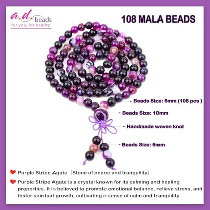 AD Beads 6mm 8mm 108 Prayer Mala Jasper Elastic Bracelet - Handmade Yoga Meditation Healing Power Energy Gifts for Unisex Adult. - color: Purple Stripe Agate(Tranquility)
