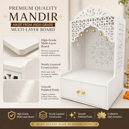 Pooja Mandir for Home in USA, Hindu Wooden Temple for Home, Indian Puja Mandir with Cabinet (White)