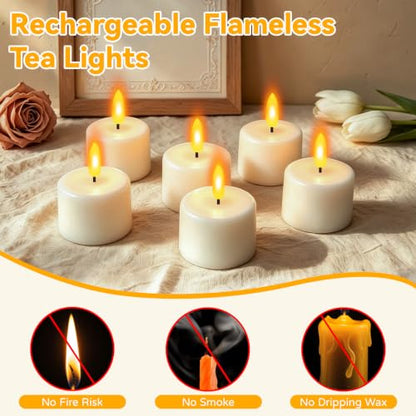 Rechargeable Real Wax Tea Lights Flameless Candles with Remote Timer, LED Tea Lights Candles Battery Operated Tealights for Centerpiece Table Decorations, Anniversary, Halloween, Christmas (12 Pack)
