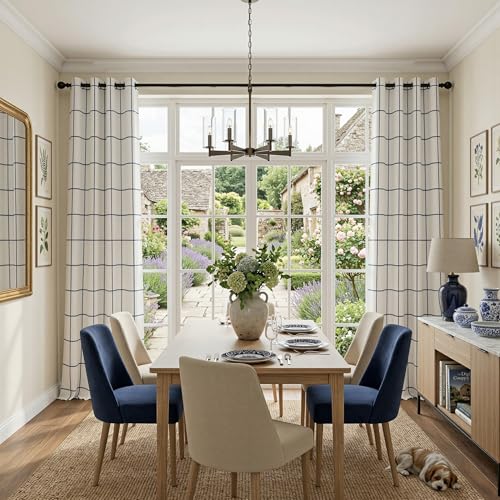 MYSKY HOME 100% Blackout Plaid Farmhouse Linen Curtains 90 Inch Long 2 Panels Set Double Layer Windowpane Drapes Thermal Insulated Privacy Protection Grommet Window Treatment, 52" W, Navy Blue - color: Navy Blue, size: 52"W x 90"L (Pack of 2)