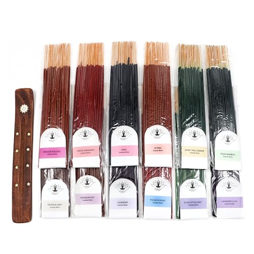 Hosley Aromatherapy 480 Pack Incense Sticks Lavender Eucalyptus Mint Sandalwood Sweet Pea Jasmine Tropical Mist Apple Cinnamon Fresh Bamboo Dragon's Blood Myrrh Lavender Lilac Hills, and Frankincense - color: Multicolor 11