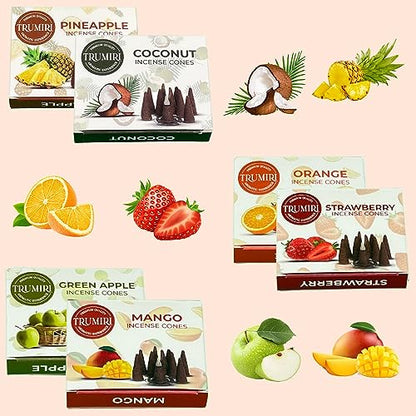 Trumiri Fruity Incense Cones - Variety Pack - Total 60 Cone Incense (6 Scents x 10 Conos) - Strawberry, Coconut, Pineapple, Apple, Mango, Orange - Cone Incense Scents - Insense Cones - Incent Cone - color: Fruity