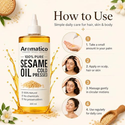 Aromatico Cold Pressed Sesame Oil for Skin, Hair and Massage, Lightweight Daily Care Oil, 7 Fl Oz - size: 7 Fl Oz