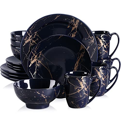 LOVECASA Porcelain Dinnerware Sets for 4, 16 PCS Plates and Bowls Set, Color Glaze with Gold Plate Dish Set, Dinner Sets with Dinner Plates, Dessert Plate, Bowls and Mugs, Dark Blue - color: Dark Blue_Gold, size: 16 Piece (Service for 4)