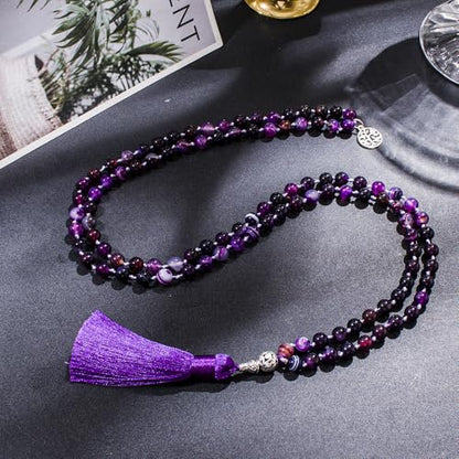108 Mala Prayer Beads Necklace Natural Stones Meditation Yoga Jewery 108 Hand Knotted Japa Mala Beaded Long Tassel Necklace with Tree of Life Pendant for Men and Women - color: purple(Purple striped agate)