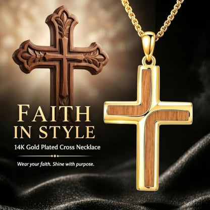 ROMANTICWORK Cross Pendant Necklace 14k Gold Plating Christian Crucifix Necklace Religious Confirmation Jewelry Gifts for Men Women - color: Wooden Cross