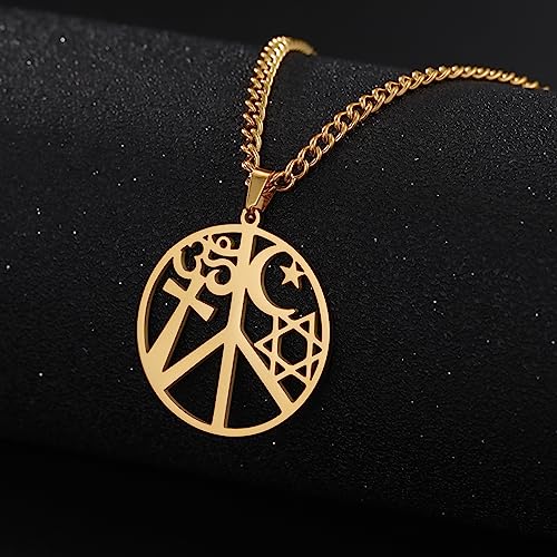 VASSAGO Coexist in Peace Necklace for Women Men Stainless Steel Yin Yang Cross Om Star Crescent Moon Pendant Religious Jewelry - color: gold 3