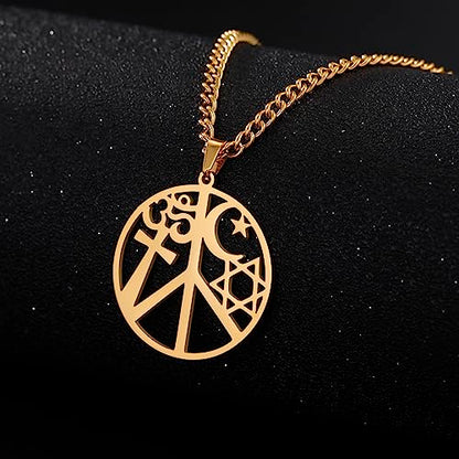 VASSAGO Coexist in Peace Necklace for Women Men Stainless Steel Yin Yang Cross Om Star Crescent Moon Pendant Religious Jewelry - color: gold 3