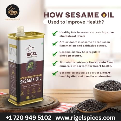 Rigel Spices | Naturally Milled Cold Pressed Sesame Oil in a Eco-Friendly Tin 33.8 fl oz(1L Tin) | No Preservatives - size: 33.8 Fl Oz (Pack of 1)