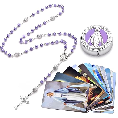 Rosary for Women with Case and 18pcs Prayer Cards, First Communion Gifts for Girls, Glass Pearl Beads and Virgin Mary Medal, Catholic Gifts - color: Purple