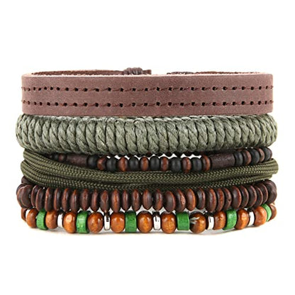 HZMAN Handmade Hemp Cords Wood Beads Leather Bracelets for Men Women - style: Wooden Beaded