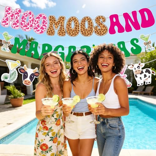 Moo Moos and Margaritas Party Decorations, Cow Print Banner Set - color: Moo Moos Margaritas