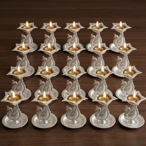 LoveNspire Silver Plated Peacock Diya - Oil Lamp for Home Pooja Mandir, Traditional Indian Decor for Diwali, Return Gift Pack of 20 - size: Pack of 20
