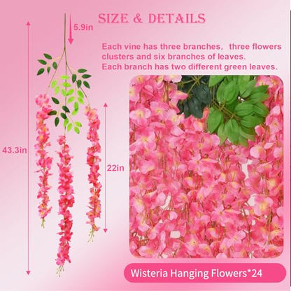 Wisteria Hanging Flowers, 24 Pcs Artificial Wisteria Garland Flower Vines - color: Pink, size: 24 Pack