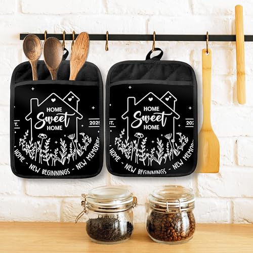 Housewarming Gifts Pot Holders with Pockets, House Warming Gifts Ideas, Home Sweet Home Oven Pot Holders Heat Resistant Oven Mitts Hot Pads for Kitchen Baking Cooking - color: Black Sweet Home-a