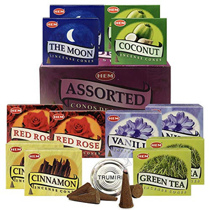 Hem Incense Cones Variety Pack #1 and Cone Incense Burner Bundle with 6 Unique Fragarances - color: Popular Cones