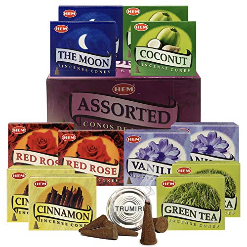 Hem Incense Cones Variety Pack #1 and Cone Incense Burner Bundle with 6 Unique Fragarances - color: Popular Cones