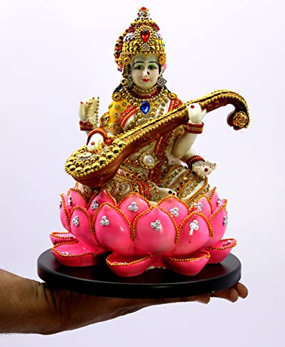eSplanade Saraswati on Lotus | Saraswati Goddess Murti Idol Statue Sculpture Figurine - Resin - Multi - 10.5" Inches