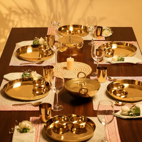 P•TAL Pure Kansa 5 Piece Dinner Thali Set | 100% Handcrafted Bronze Dinnerware | 11 Inch Thali, 2 Bowls, 1 Glass & 1 Spoon | Traditional Golden Indian Dining Set | Ayurvedic Bronze Utensils