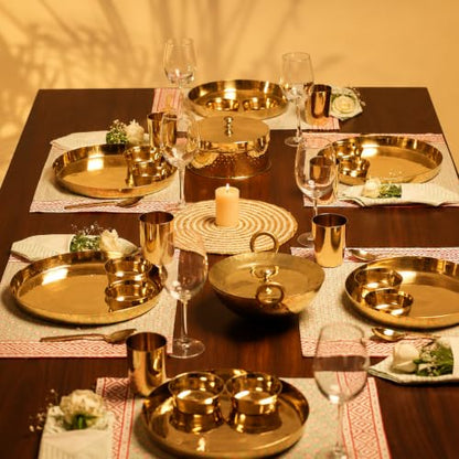 P•TAL Pure Kansa 5 Piece Dinner Thali Set | 100% Handcrafted Bronze Dinnerware | 11 Inch Thali, 2 Bowls, 1 Glass & 1 Spoon | Traditional Golden Indian Dining Set | Ayurvedic Bronze Utensils