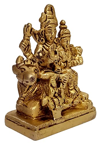 Purpledip Brass Idol Shiva with Parvati, Ganesha, Karthikeya and Nandi: Vintage Statue for Home Temple (10382A)