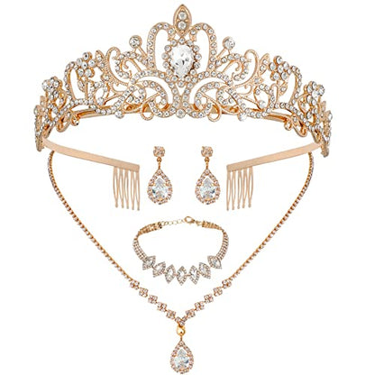 CIEHER 4/5 Pieces Women Jewelry Set - Rhinestone Crown + Drop Necklace + Elegant Bangle Bracelet + Crystal Teardrop Dangle Earrings for Bridal Wedding Party - color: Gold