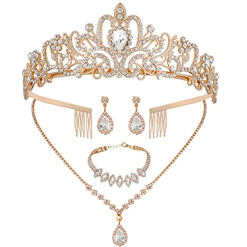 CIEHER 4/5 Pieces Women Jewelry Set - Rhinestone Crown + Drop Necklace + Elegant Bangle Bracelet + Crystal Teardrop Dangle Earrings for Bridal Wedding Party - color: Gold