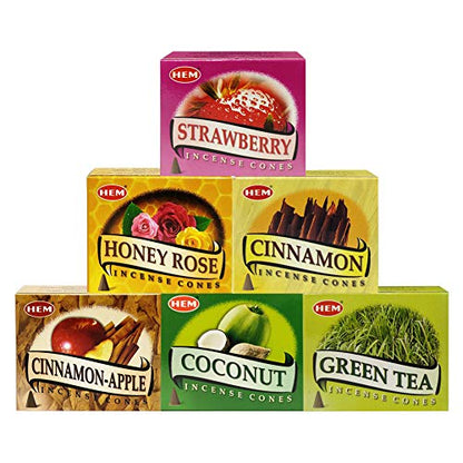 Hem Incense Cones Variety Pack #5 and Cone Incense Burner Bundle with 6 Most Sought-After Fragrances - color: Popular 6c