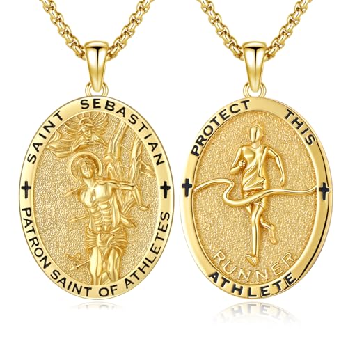 Silver/14K Gold Patron Saint Medal Amulet Necklace for Men Women - color: Gold, style: 25A-St Sebastian Runner