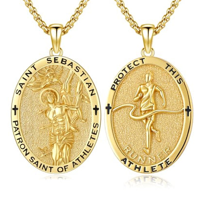 Silver/14K Gold Patron Saint Medal Amulet Necklace for Men Women - color: Gold, style: 25A-St Sebastian Runner