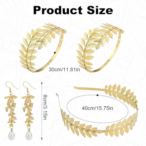 Mikovivi 4pcs Greek Goddess Costume Accessories Set, Golden Crown Headband Coil Upper Arm Bracelet & Pearl Dangle Earrings Bridal Headpiece for Wedding Women Toga Costume