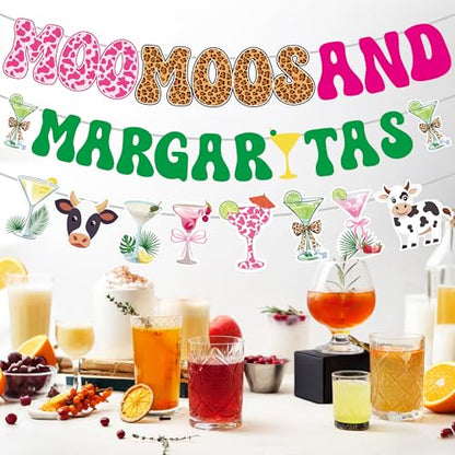 Moo Moos and Margaritas Party Decorations, Cow Print Banner Set - color: Moo Moos Margaritas