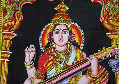 Goddess Saraswati batik sequins Cotton Wall Hanging yoga Painting : Size 43"x30" Inches - color: Saraswati