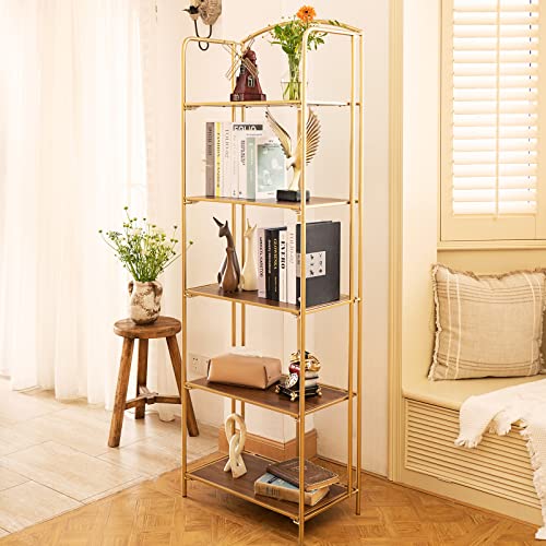 Crofy 5-Tier Foldable Bookshelf, Gold Frame & Walnut Shelves - color: Gold Frame & Walnut Shelf, size: 5 Tier