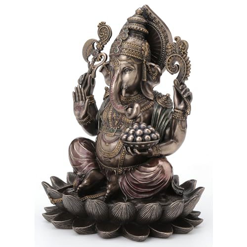 Veronese Design 9 7/8 Inch Lord Ganesha Sitting on Lotus Hindu God Antique Bronze Finish Resin Statue